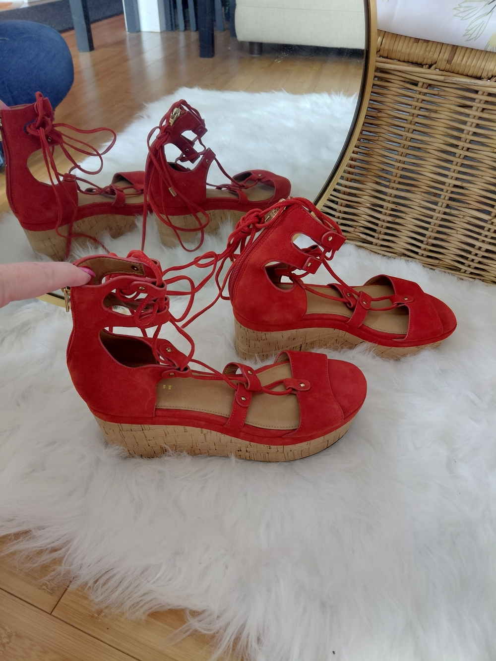 Coach Burnt Orange Suede Lace-Up Cork Wedge Sandals